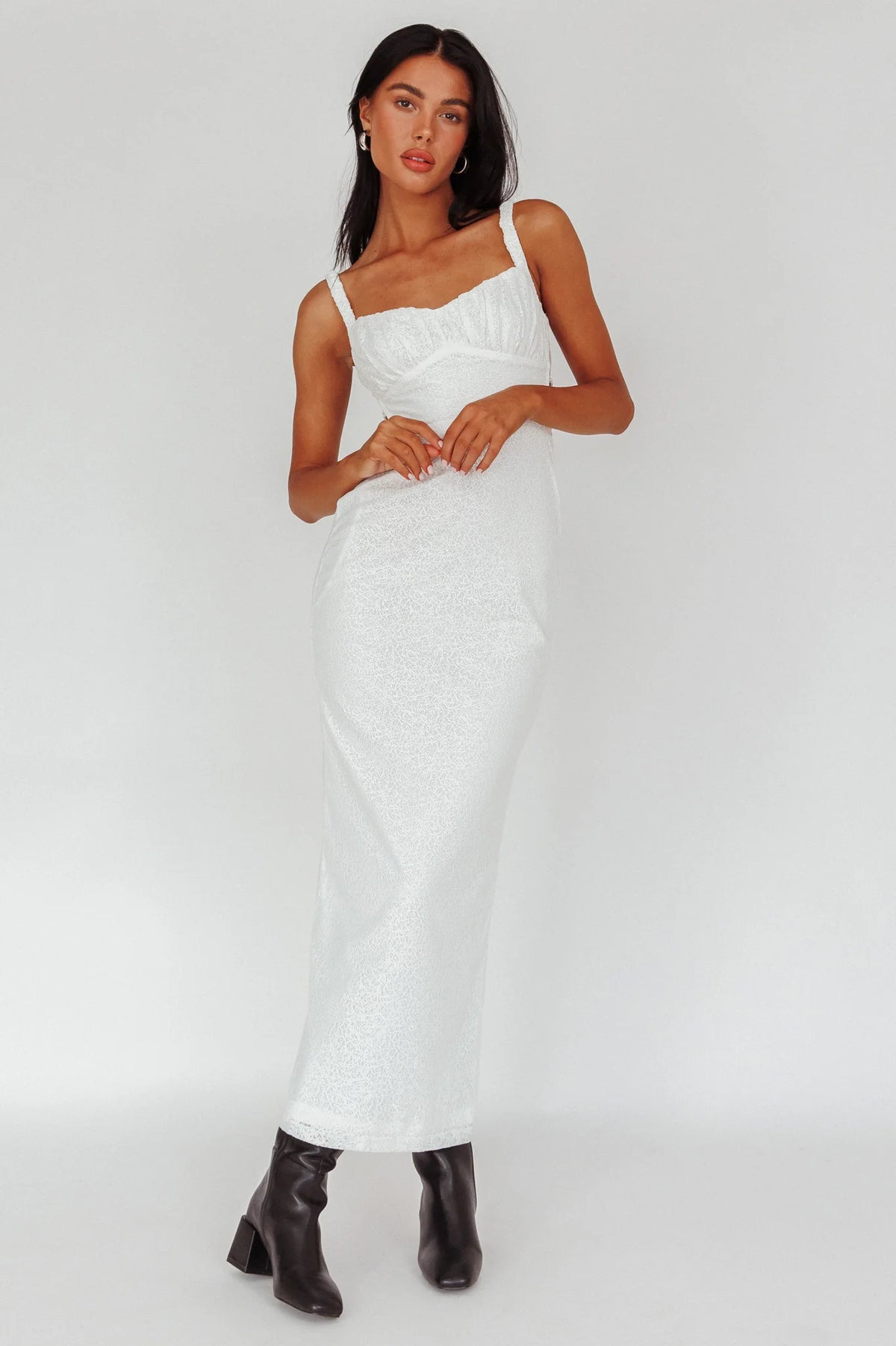 Dream Crush Lace-Up Back Mesh Overlay Midi Dress White