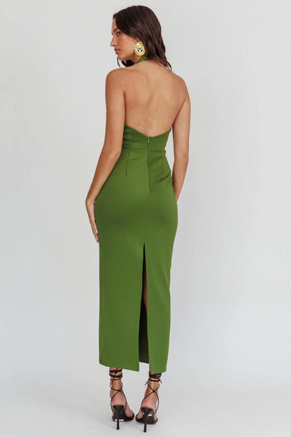 Goldfoil Halter Neck Maxi Dress Olive