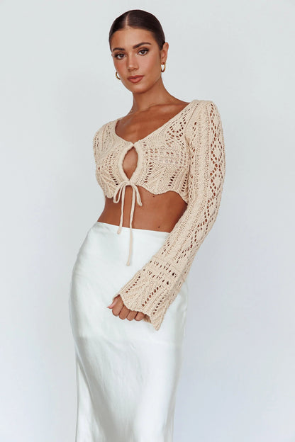Maycie Long Sleeve Crochet Crop Top Beige