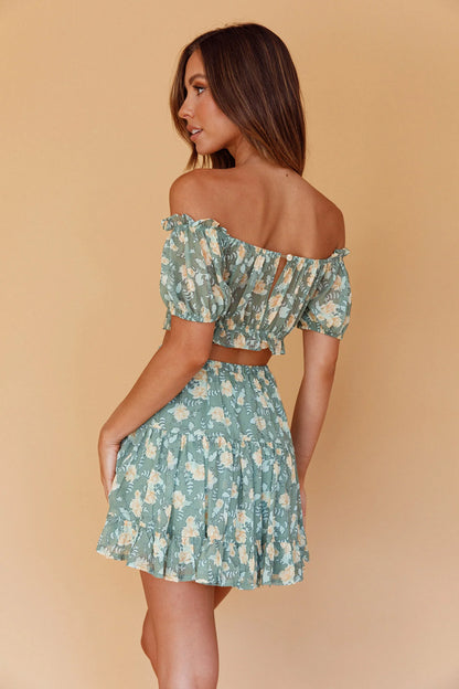 Archana Puff Sleeve Crop Top Floral Green