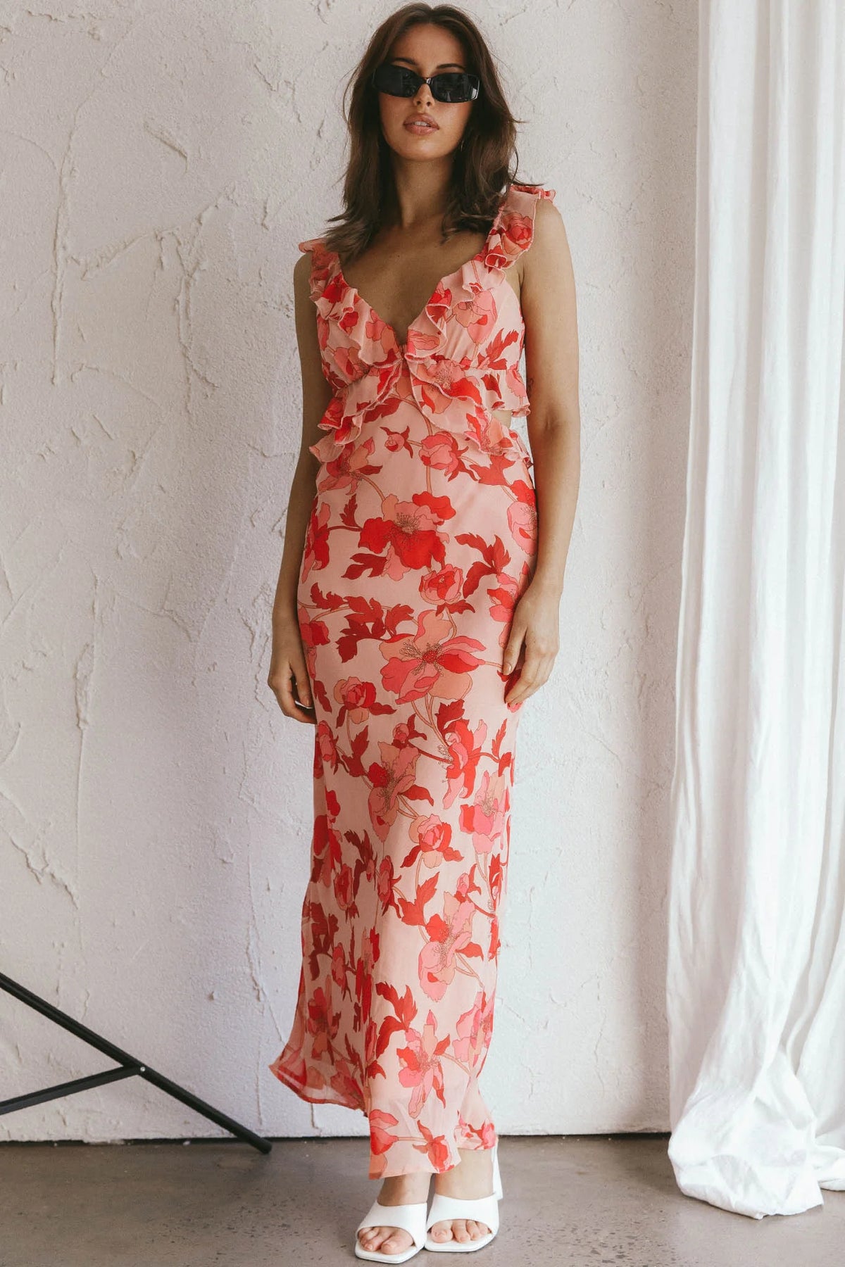 Second Chances Ruffle Trim Midi Dress Floral Pink