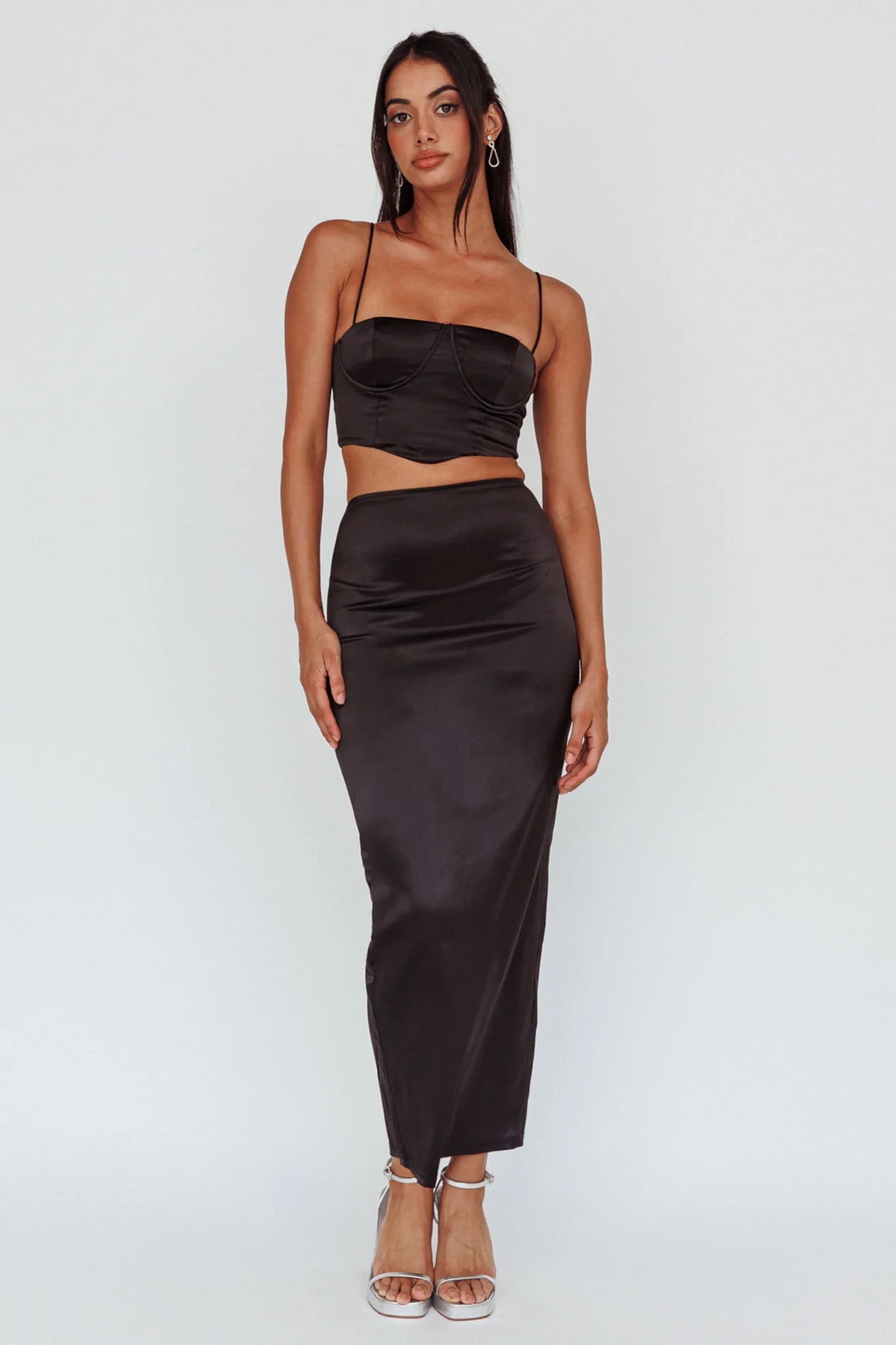 Zeina Satin Midi Skirt Black