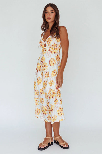 Starry Night Bust-Tie Midi Dress Floral Yellow