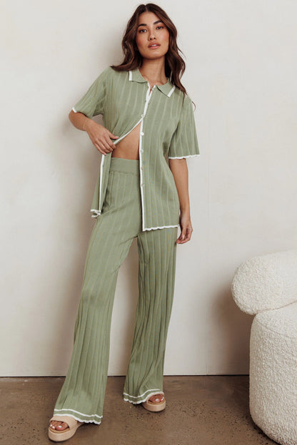 Liloh Contrast Ribbed Wide Leg Pant Sage