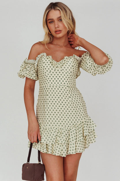 Homecoming Queen Sweetheart Neckline Puff Sleeve Dress Polka Dot Green