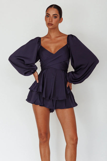 It's Complicated Long Sleeve Flounce Romper Navy
