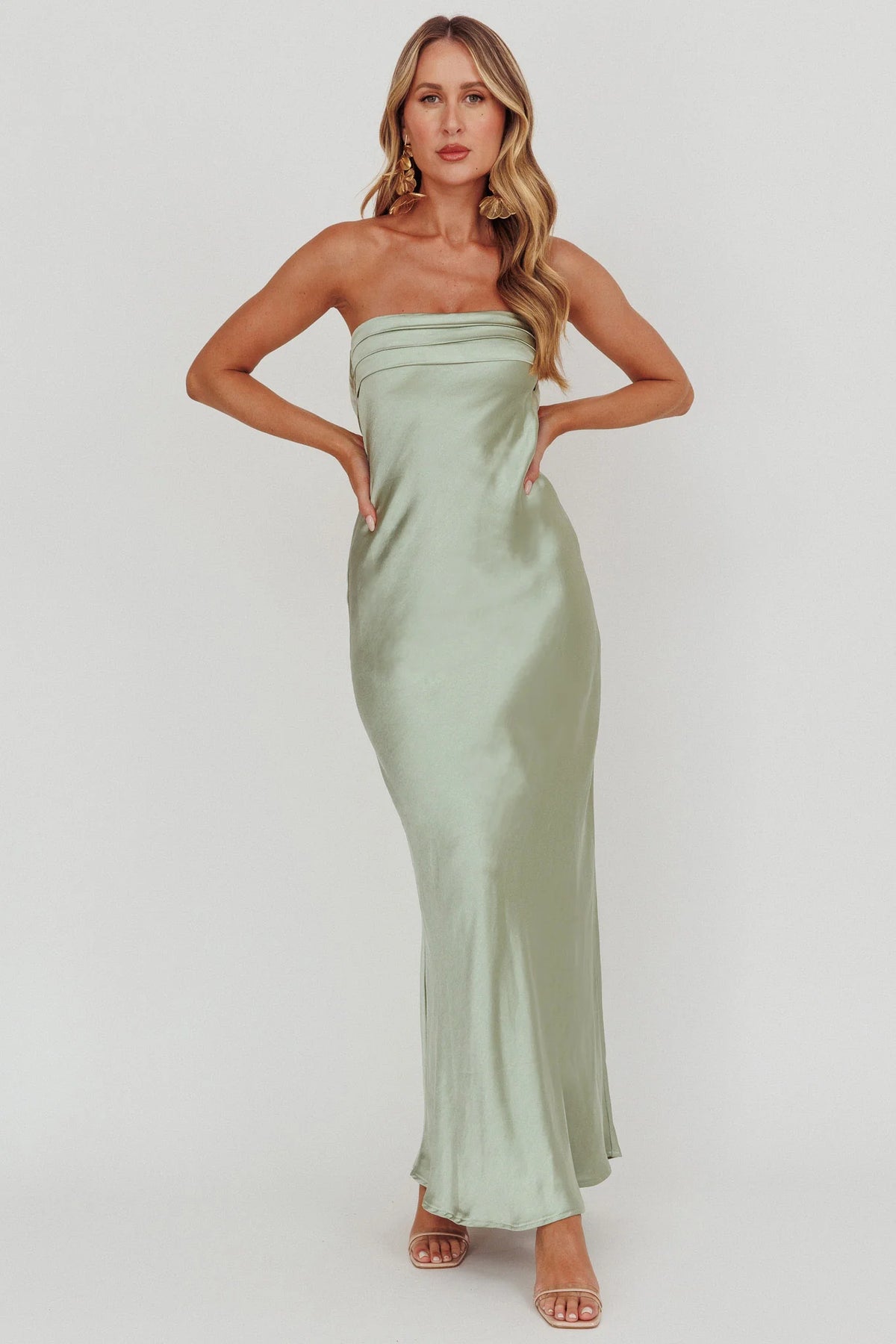 Kona Strapless Pleated Bust Satin Maxi Dress Sage