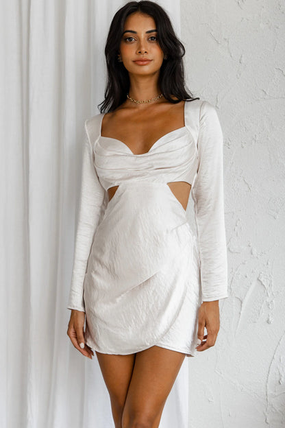 Shaken Not Stirred Cut-Out Waist Long Sleeve Pleat Mini Dress Champagne