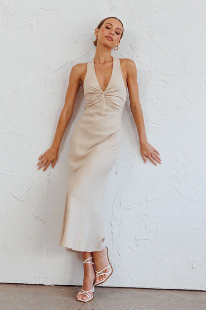 Coastal Charm Twist Back Maxi Dress Oat