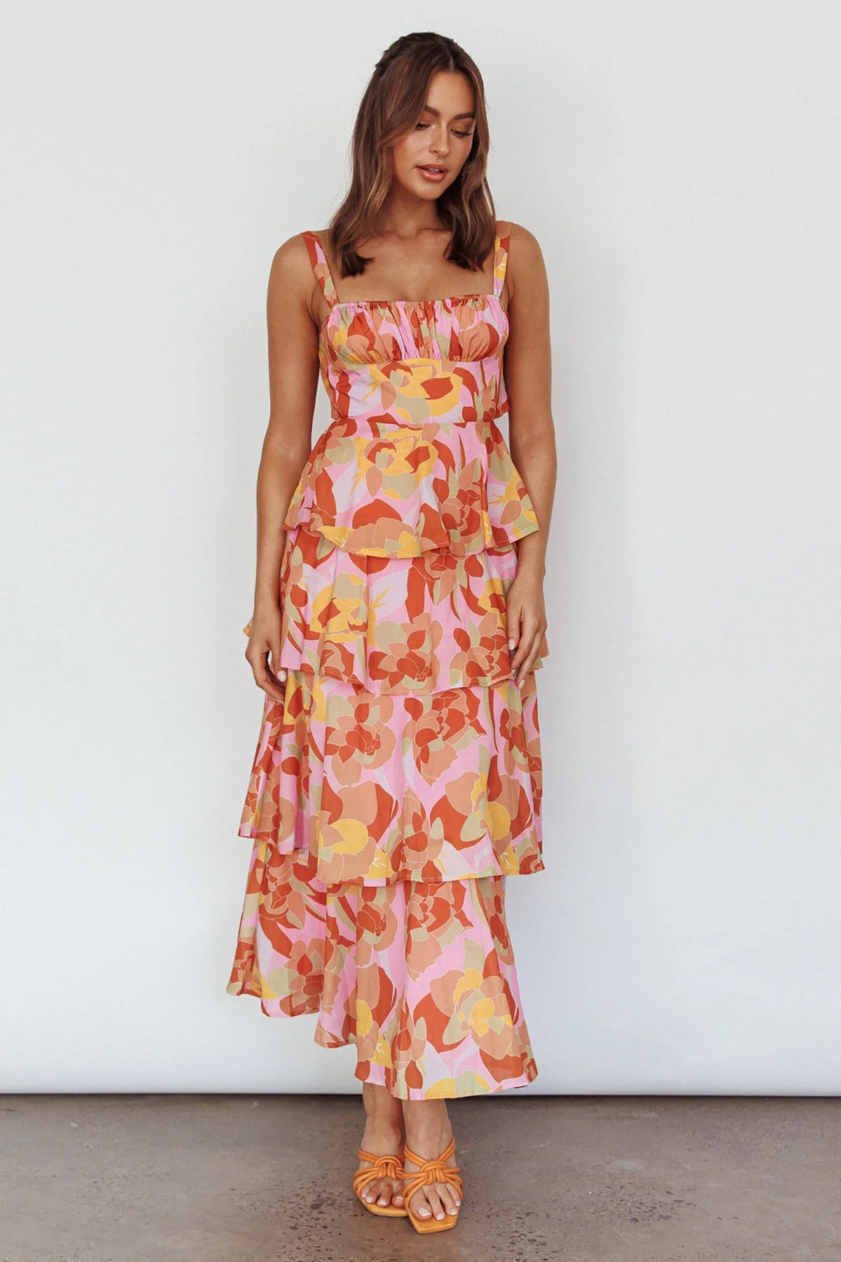 Provence Bloom Tiered Midi Dress Abstract Pink Multi