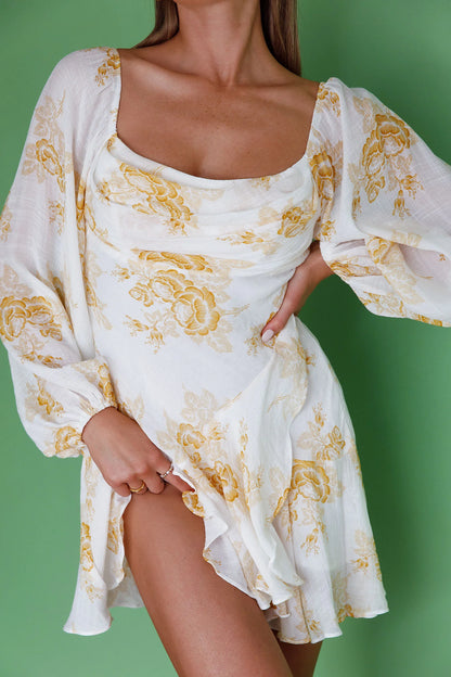 Beaujolais Long Sleeve Cowl Neckline Ruffle Mini Dress Floral Yellow