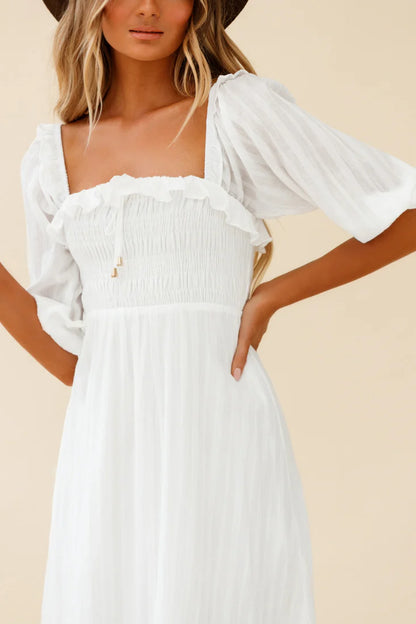 Flynn Off-Shoulder Shirred Bust Midi Dress White