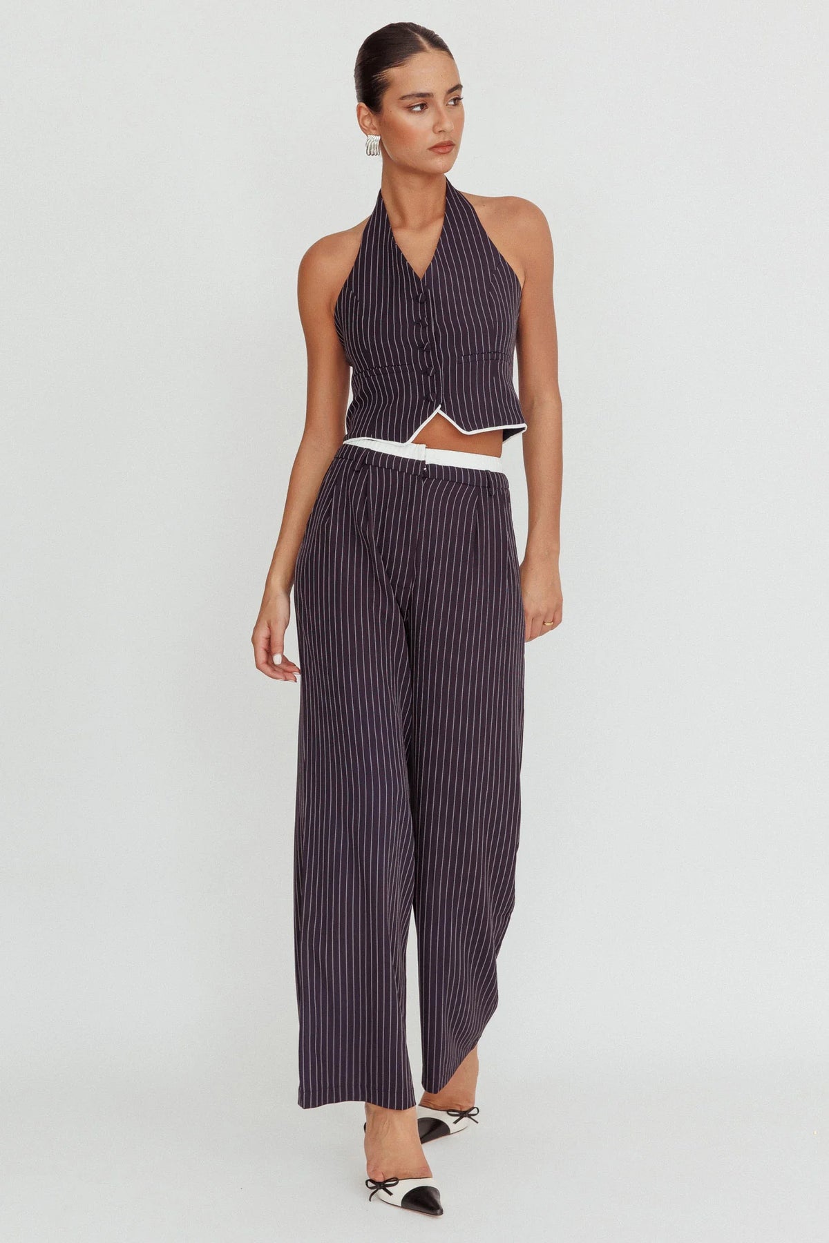 Lilija Pinstripe Double Waistband Wide-Leg Pants Navy