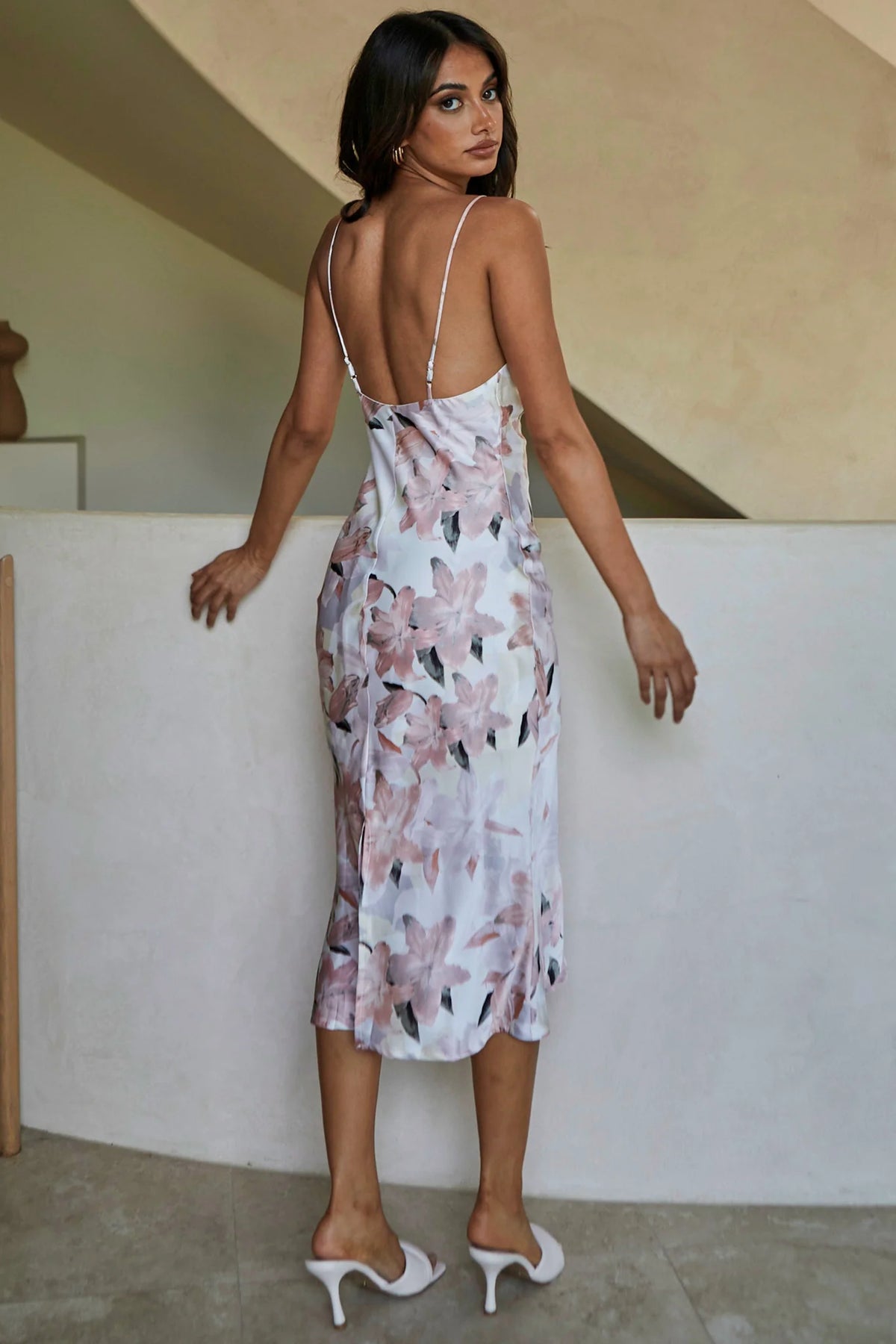 Show Me Love Cowl Neck Midi Dress Lily Print Blush