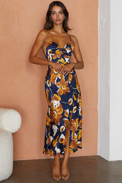 Missoula Cami Strap Padded Bust Midi Dress Floral Print Navy