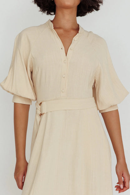 Mallory Belted Waist Lantern Sleeve Midi Dress Beige