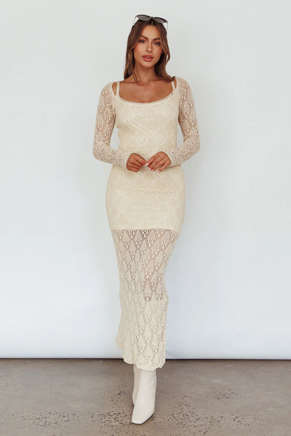 Happy Place Long Sleeve Crochet Midi Dress Beige