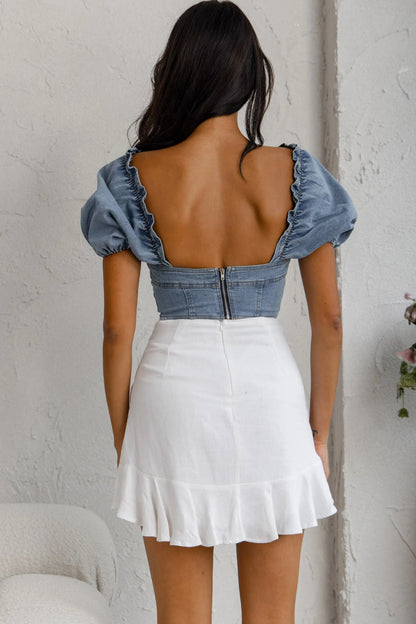 Cathlin Puff Sleeve Denim Crop Top Blue