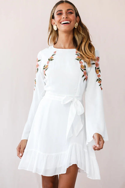 Yara Floral Embellished Fit and Flare Dress White