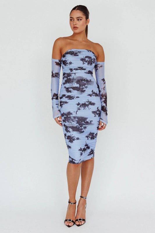 Cece Off-Shoulder Midi Dress Floral Blue
