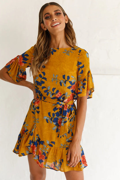 Azealia Floral Wrap Dress Mustard