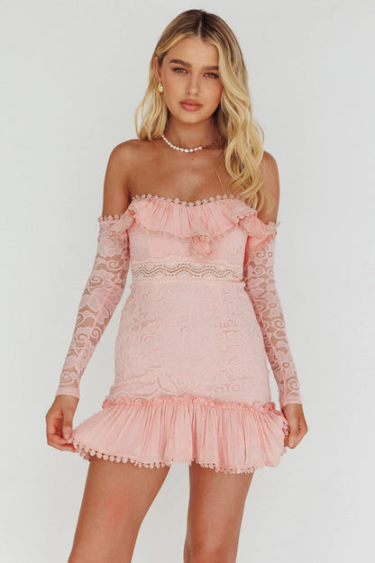 Mae Long Sleeve Sweetheart Crochet Lace Dress Blush