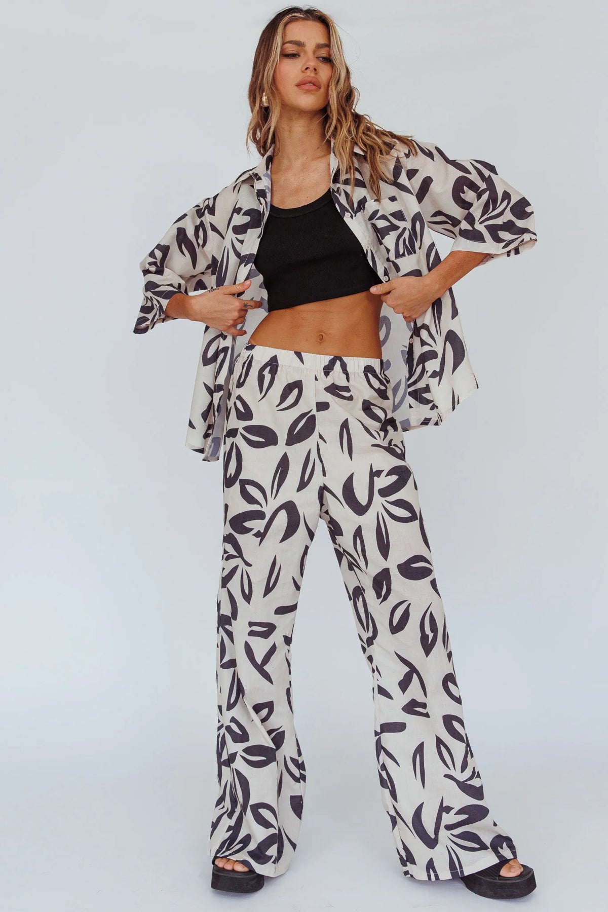 Just A Hunch Button Shirt Leaf Print Beige