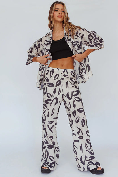 Just A Hunch Button Shirt Leaf Print Beige