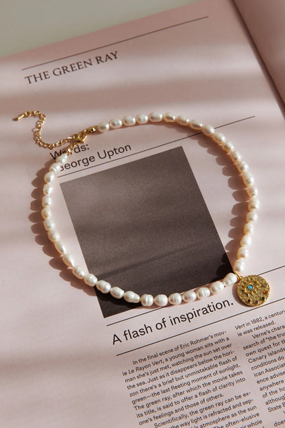 Evil Eye Freshwater Pearl Necklace Gold