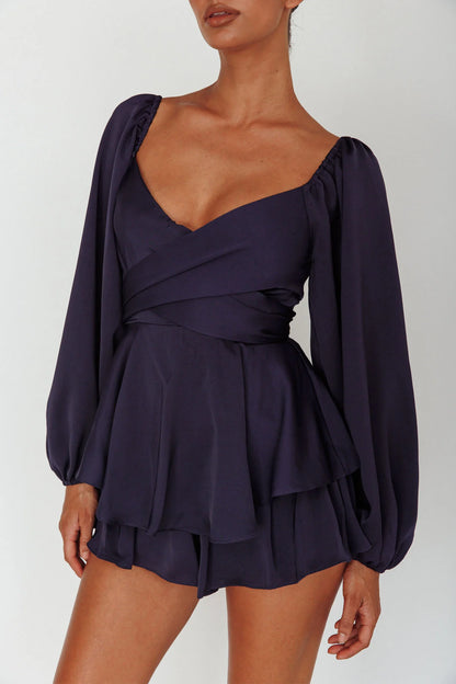 It's Complicated Long Sleeve Flounce Romper Navy