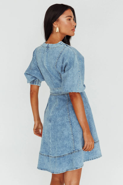 Cadijah Puff Sleeve Belted Mini Dress Denim Blue