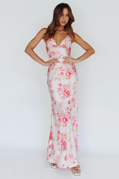 Alora Tie-Up Back Maxi Dress Floral Pink