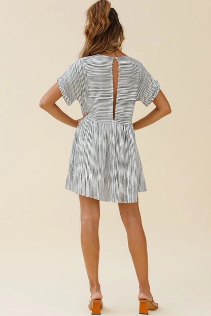 Susie Rolled Sleeve Crew Neck Swing Dress Stripe Pattern Black