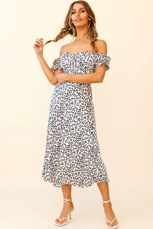 Linka Off-Shoulder Tie Back Midi Dress Leopard Print Pink