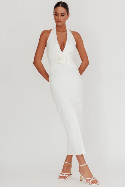 Sinners Rosette Halter Neck Maxi Dress White