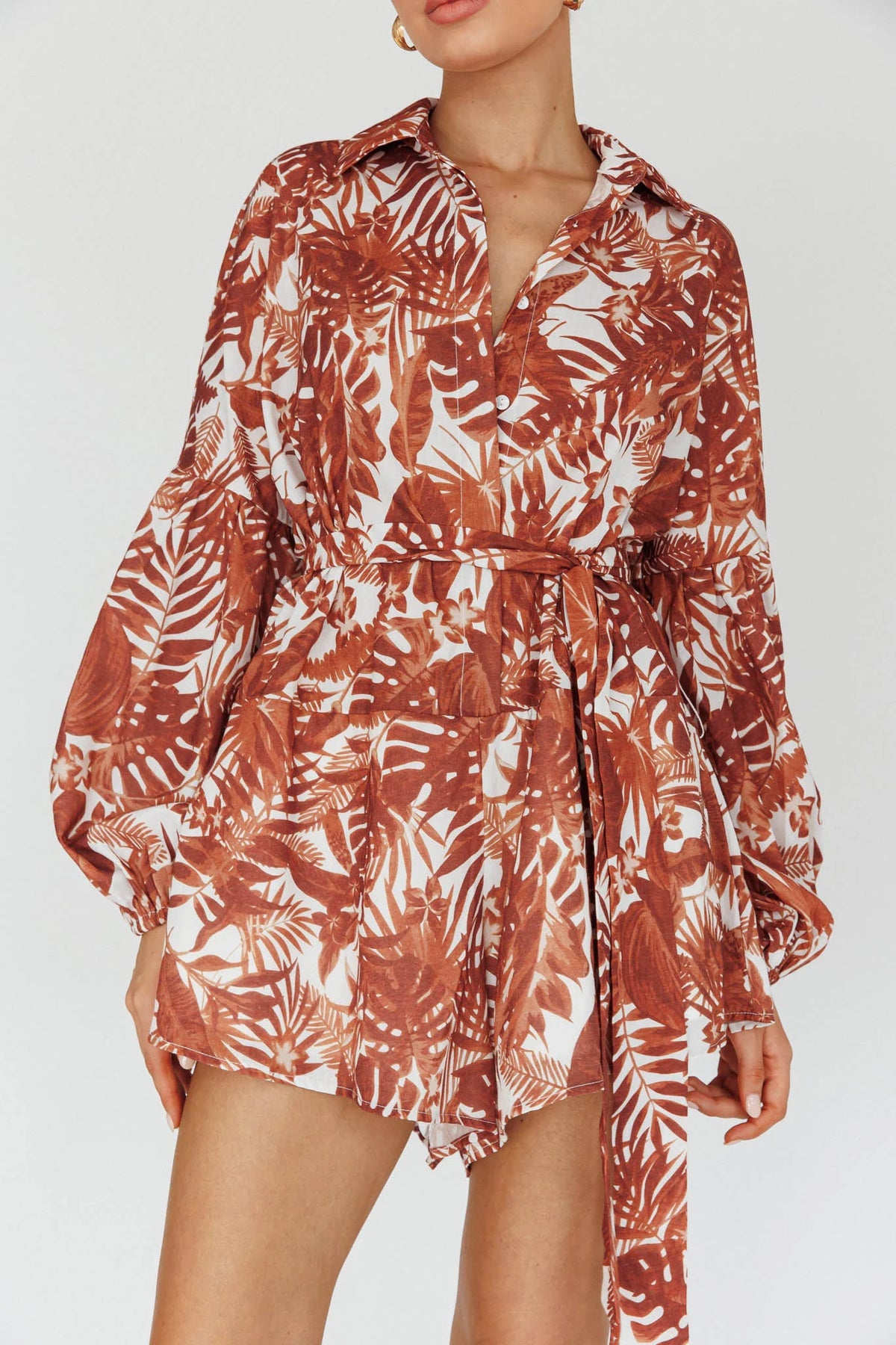 Daytona Beach Long Sleeve Shirt Romper Leaves Brown
