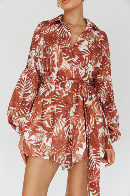 Daytona Beach Long Sleeve Shirt Romper Leaves Brown