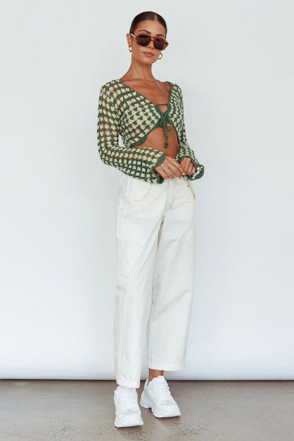 Maycie Long Sleeve Crochet Crop Top Green Multi