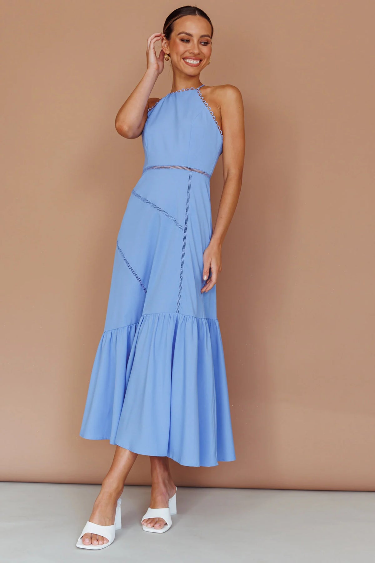 Felini Criss-Cross Back Flounce Midi Dress Blue