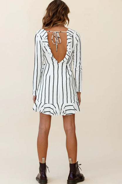 Beatrice Faux Wrap Ruffle Trim Raw Edge Dress White/Black Stripe