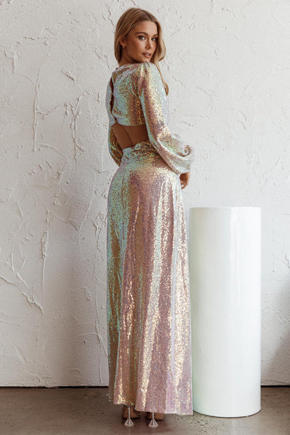 Inna Long Sleeve Cut-Out Maxi Dress Sequin Rose Gold