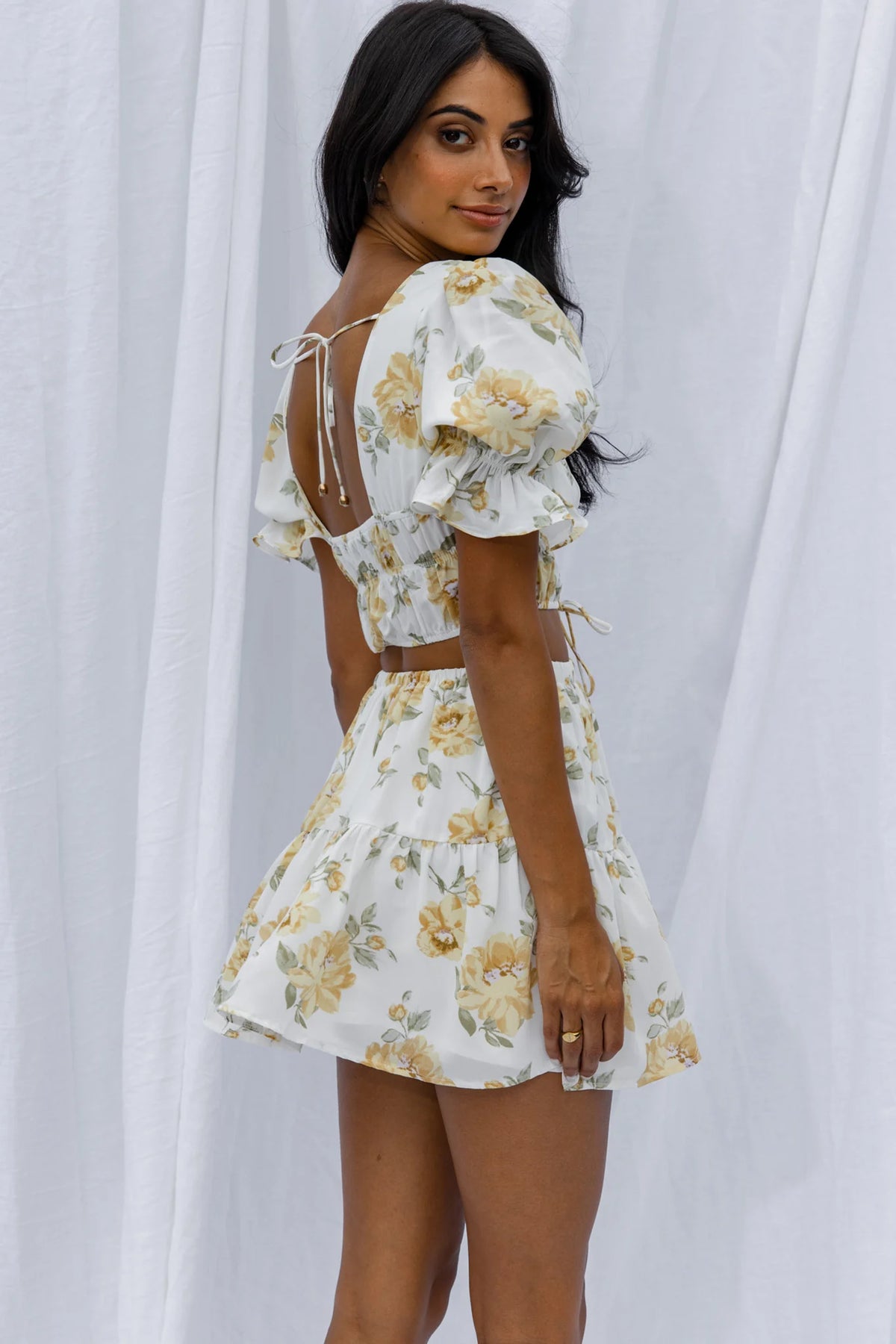 Lilibet Puff Sleeve Drawstring Crop Top Floral White