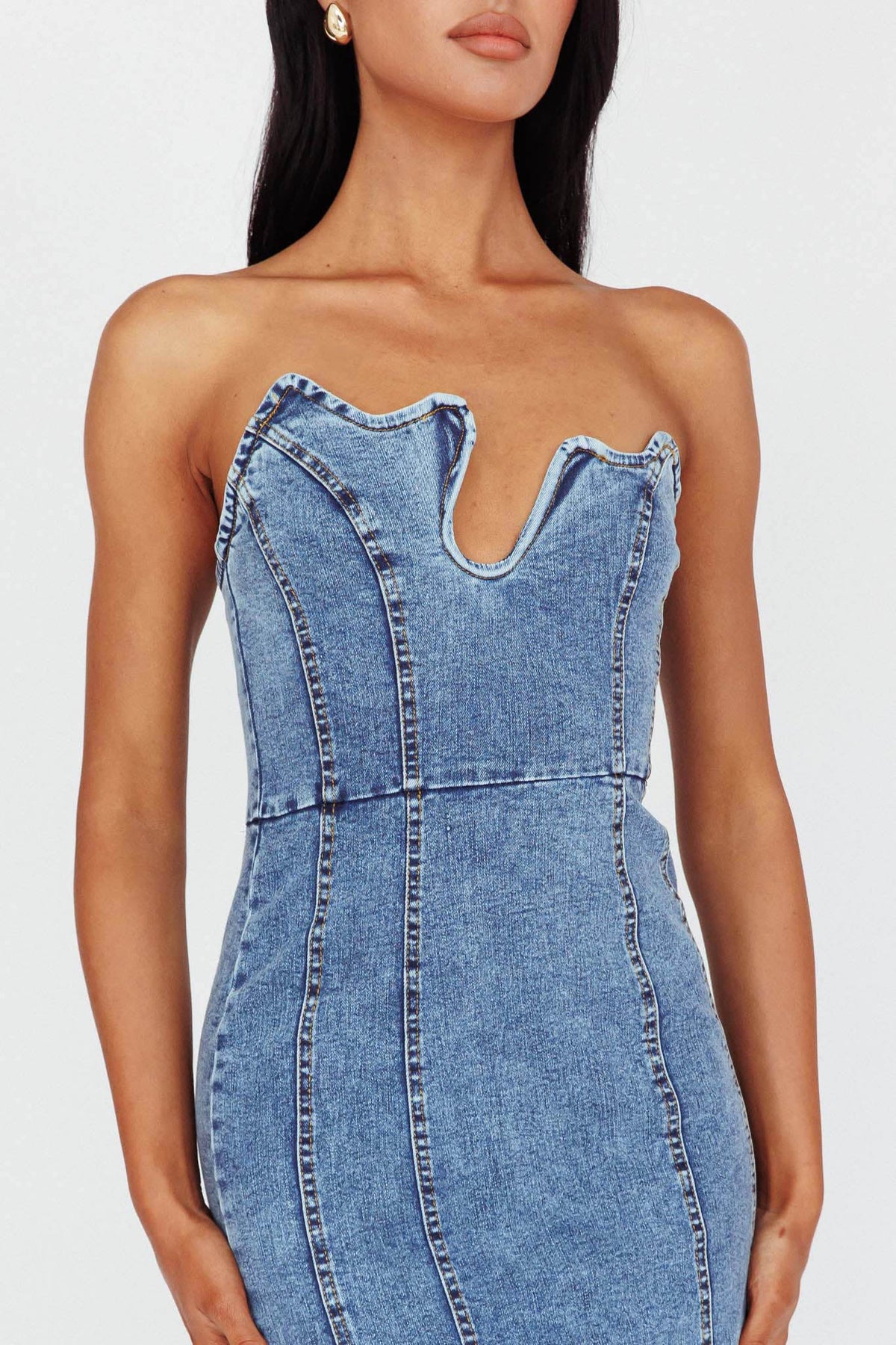 Horizon Strapless Wavy Neckline Midi Denim Blue