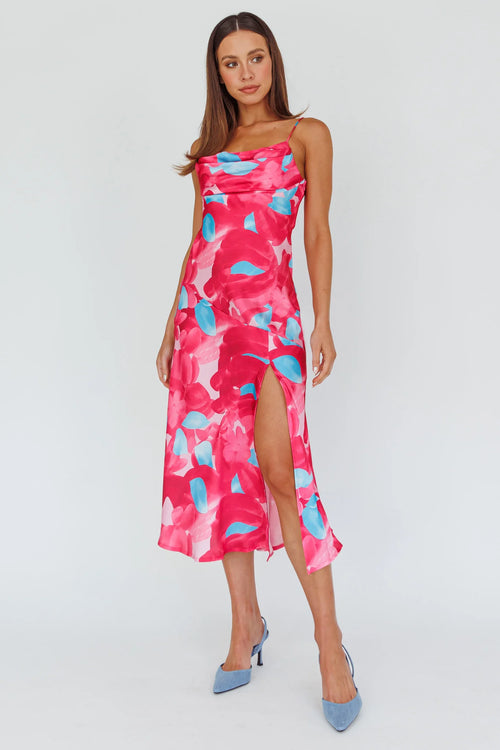 Well Versed Pleated Bust Front Split Dress Flora Pink