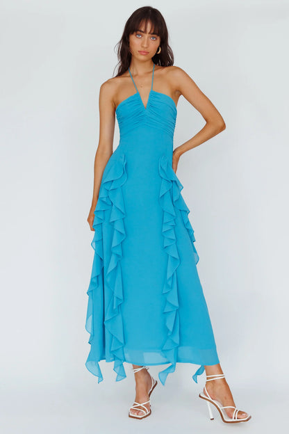 Asiah Ruffle Trim Halterneck Maxi Dress Cerulean Blue