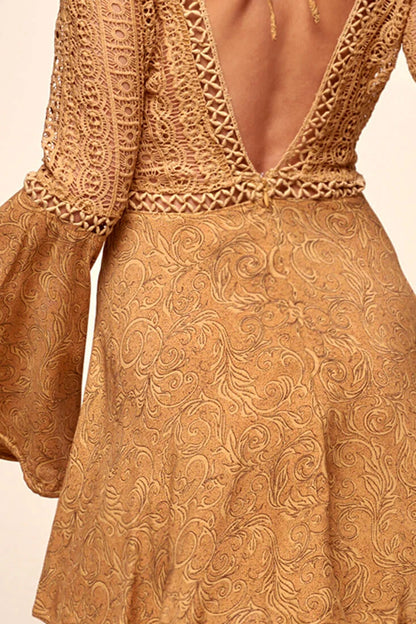 Carson Crochet Bell Sleeve Dress Tan