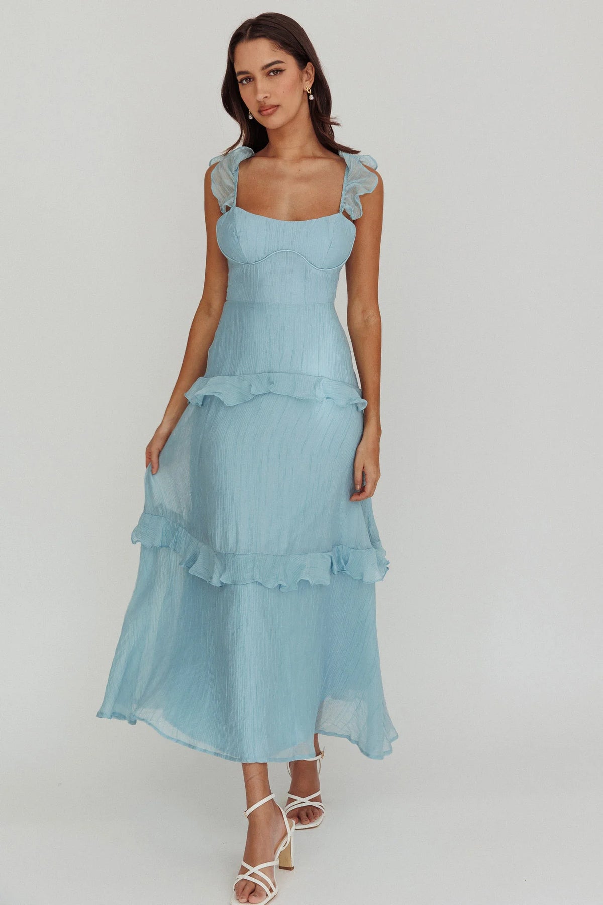 Moonlit Moment Ruffle Trim Lace-Up Back Maxi Dress Blue
