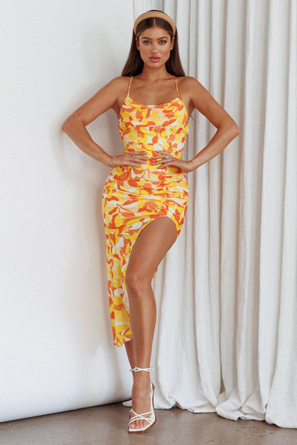 Klara Thigh Split Midi Dress Print Yellow