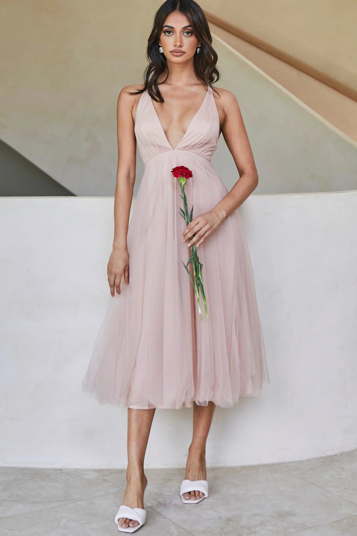 Floating By Plunging Neckline Mesh Overlay Midi Dress Apricot