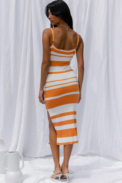 Dayana Cut-Out Waist Side Split Knit Midi Dress Striped Orange